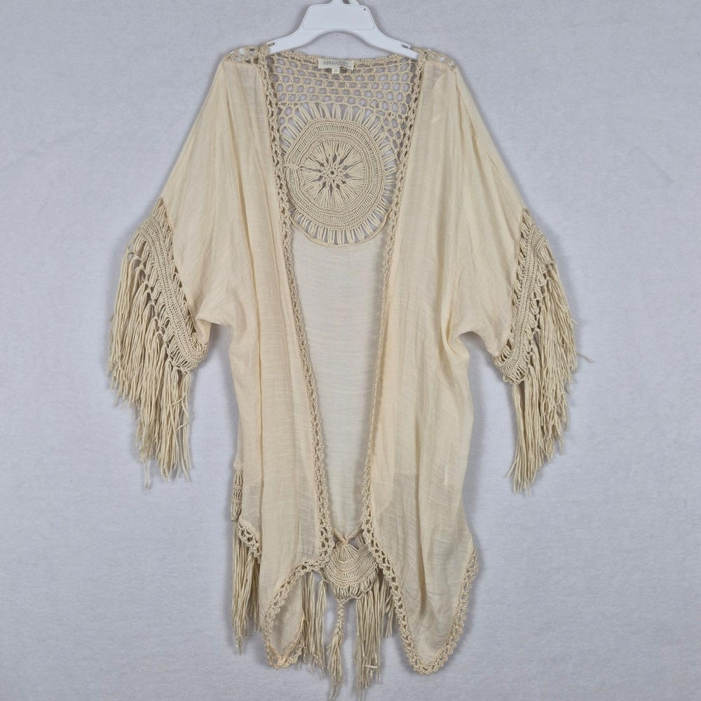Boho Cream Crochet Medallion Fringe Kimono Cardigan Small Hippie Festival Frayed